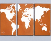 World Map Triptych Canvas Giclee - Retro Orange and White