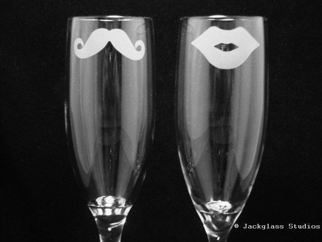As seen in Wedding Style Magazine  His and Hers Mustache and Lips Champagne Flutes by Jackglass on Etsy