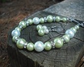 Green Glass Pearl and Swarovski Bracelet and Earring Set