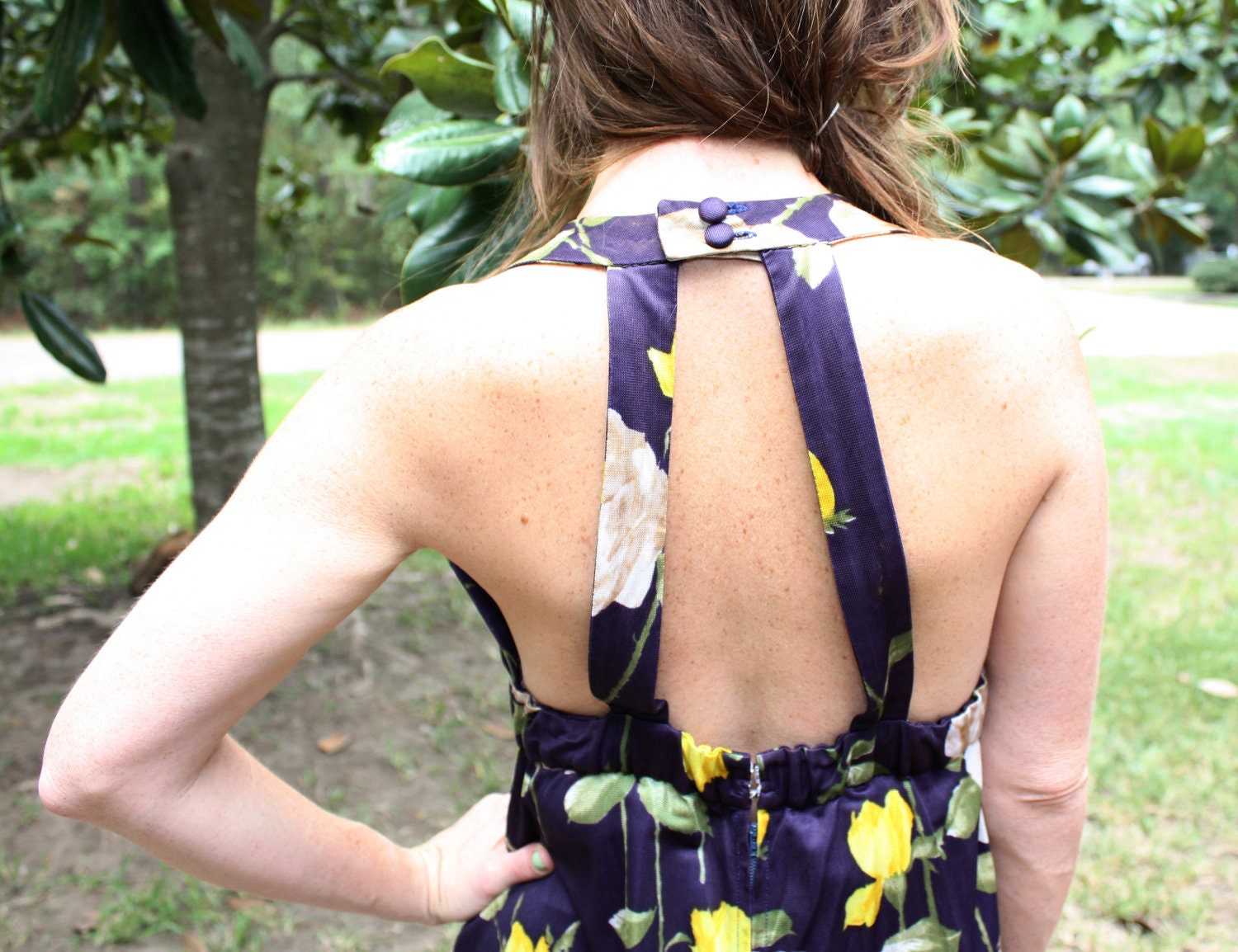 1960s vintage navy FLORAL empire waist PLUNGE neck aline SUMMER dress