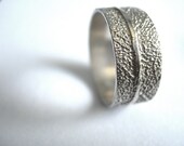 Recycled silver band ring with delicate sage leaf texture