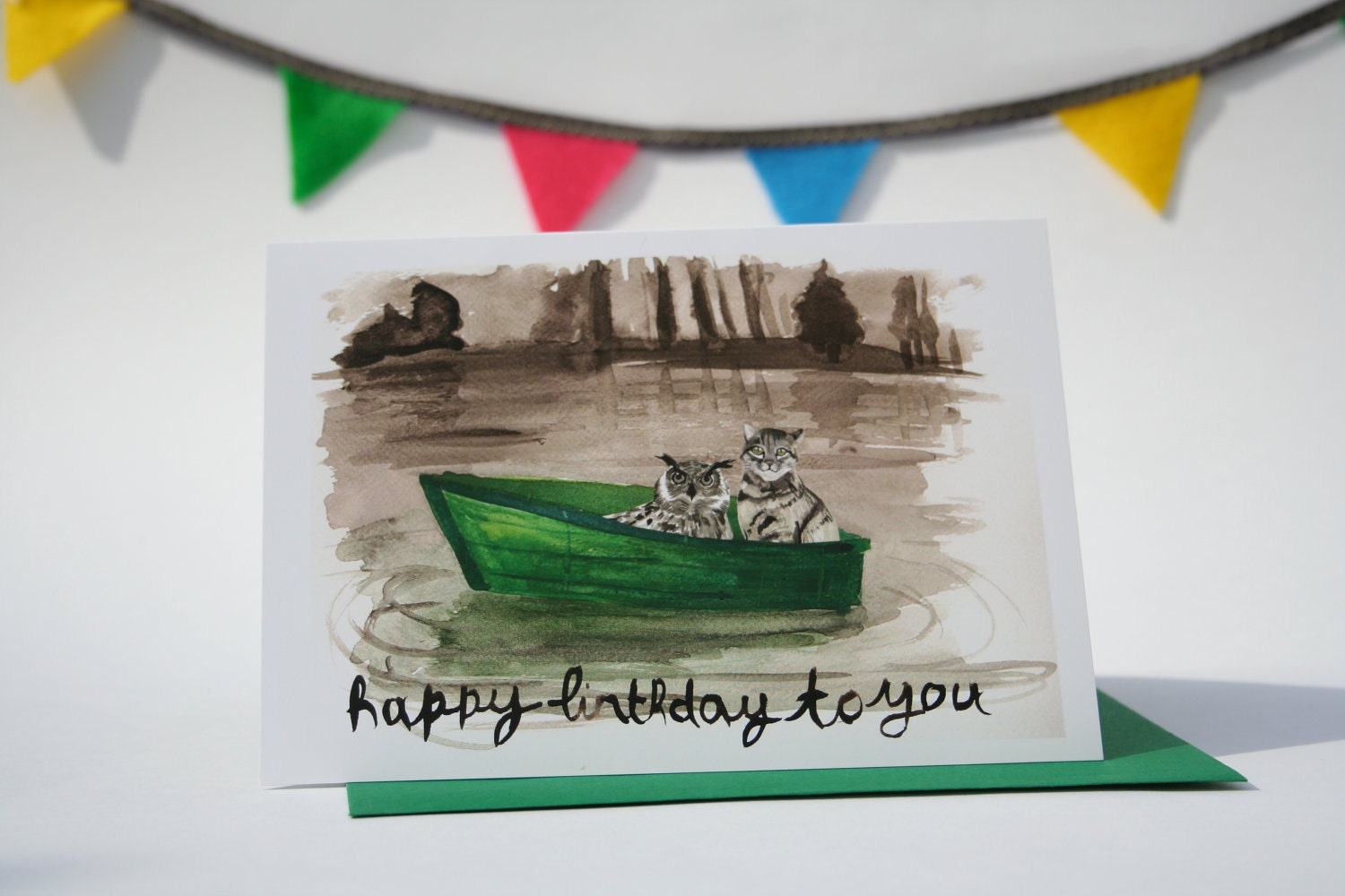 Happy Birthday greeting card owl and pussycat