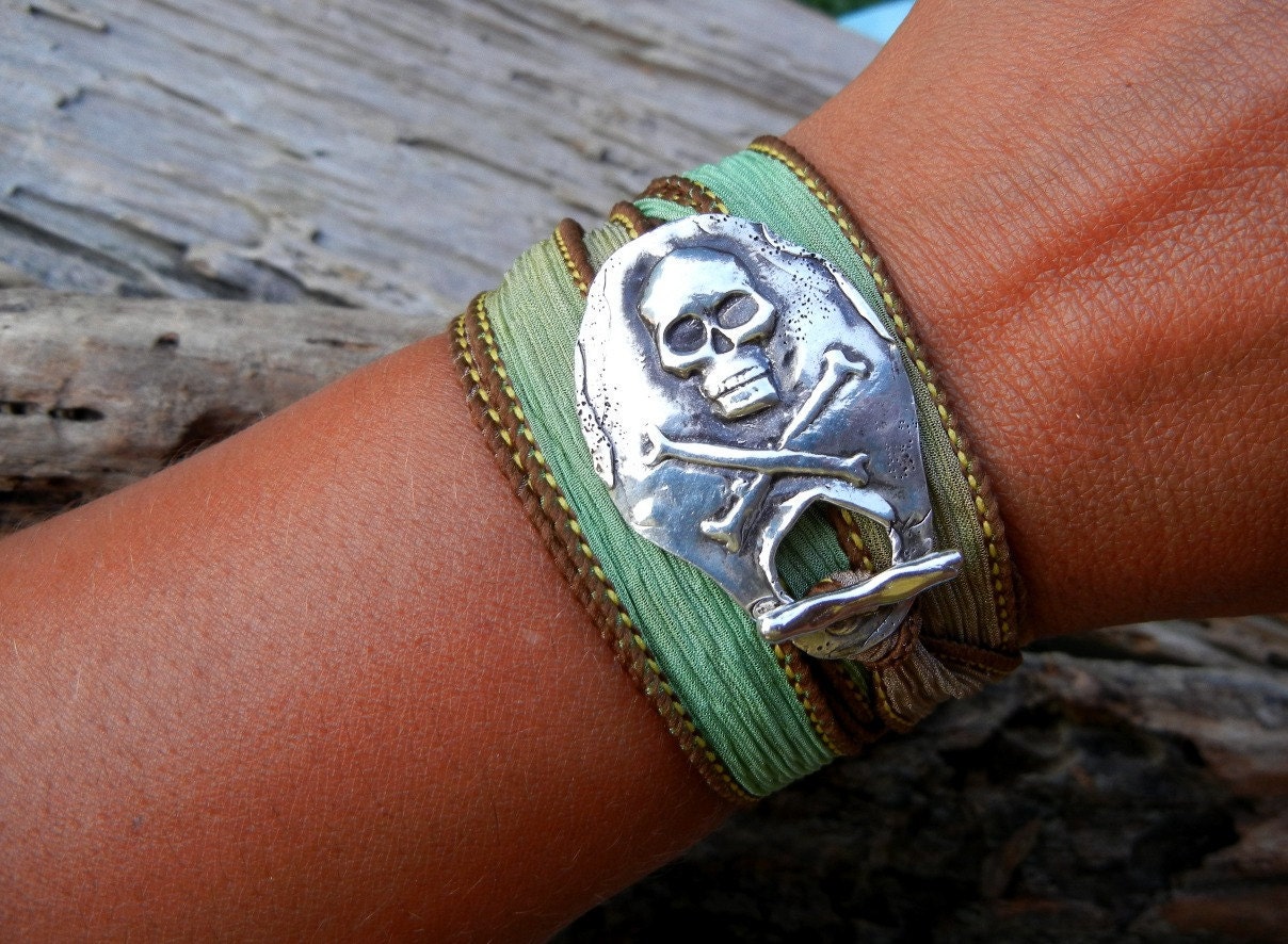 Pirate Jewelry, Hand Dyed Silk Ribbon Bracelet, Yoga Style Adjustable Wrist Wrap, Jolly Roger Flag Artisan Pure Silver Toggle Clasp