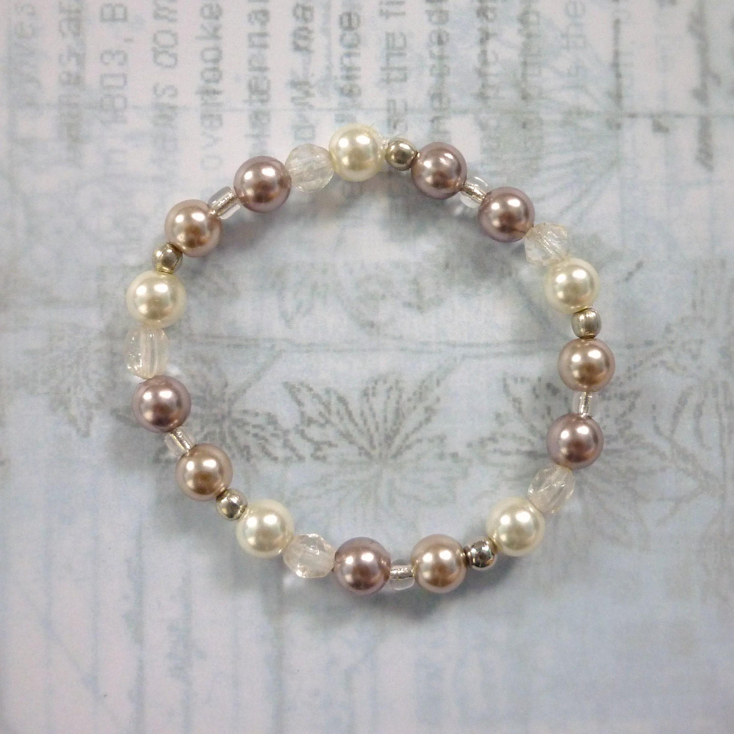Pretty Beaded "Beauty" Bracelet with Dusky Pink-Purple, Cream, Clear and Silver Beads on Elastic Cord