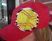 Destressed Red Military Cap Cadet Hat Softball Blingged Rhinestone Cap