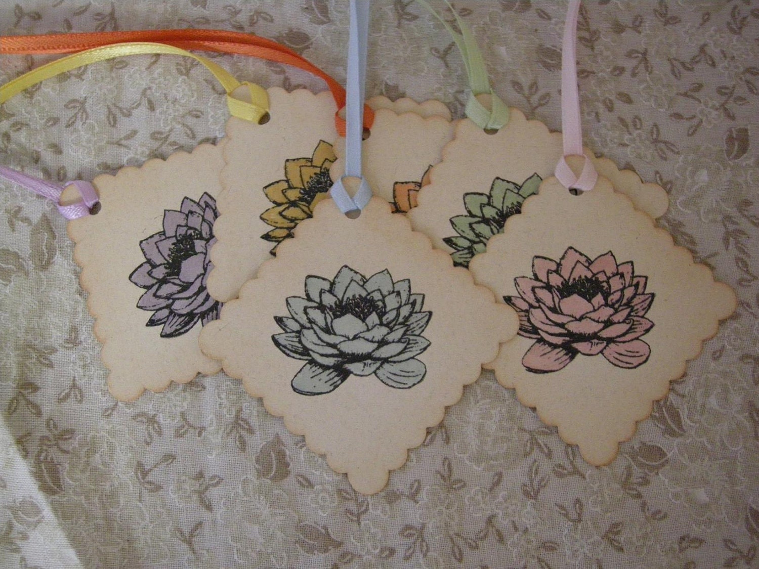Rainbow MINI WATERLILY x6 - vintage style, shabby chic style hang tag, ephemera, gift tag - lotus, water garden, zen, happiness