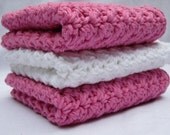 Shipping Included 3 Crocheted Cotton Dishcloths Washcloths 9X9 Pink - White
