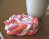 Hand Knit Woven Coasters Knot Masthead Orange Pink Peach Set of 2
