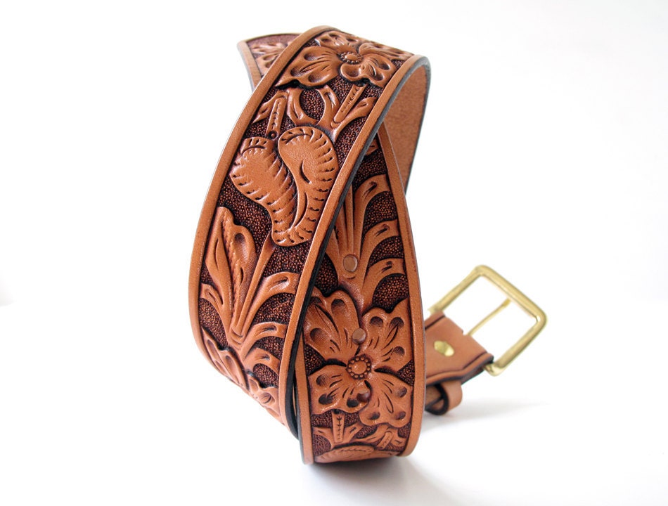 Hand Tooled California Poppy Floral Leather Belt - Custom