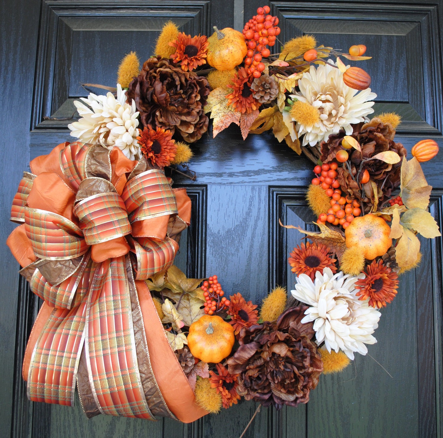 Brown Cream Orange and Yellow Fall Wreath with Pumpkins and Plaid Bow 20"