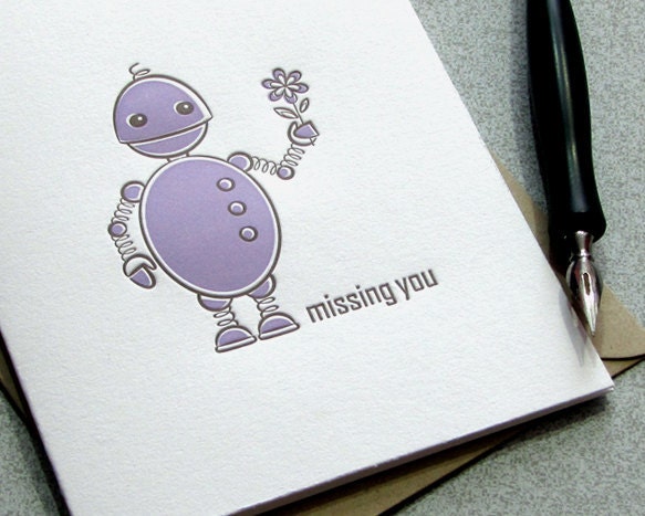 Robot - I Miss You Letterpress Greeting Card  - Amethyst Lavender Lilac Plum Set of 3 (GR103)