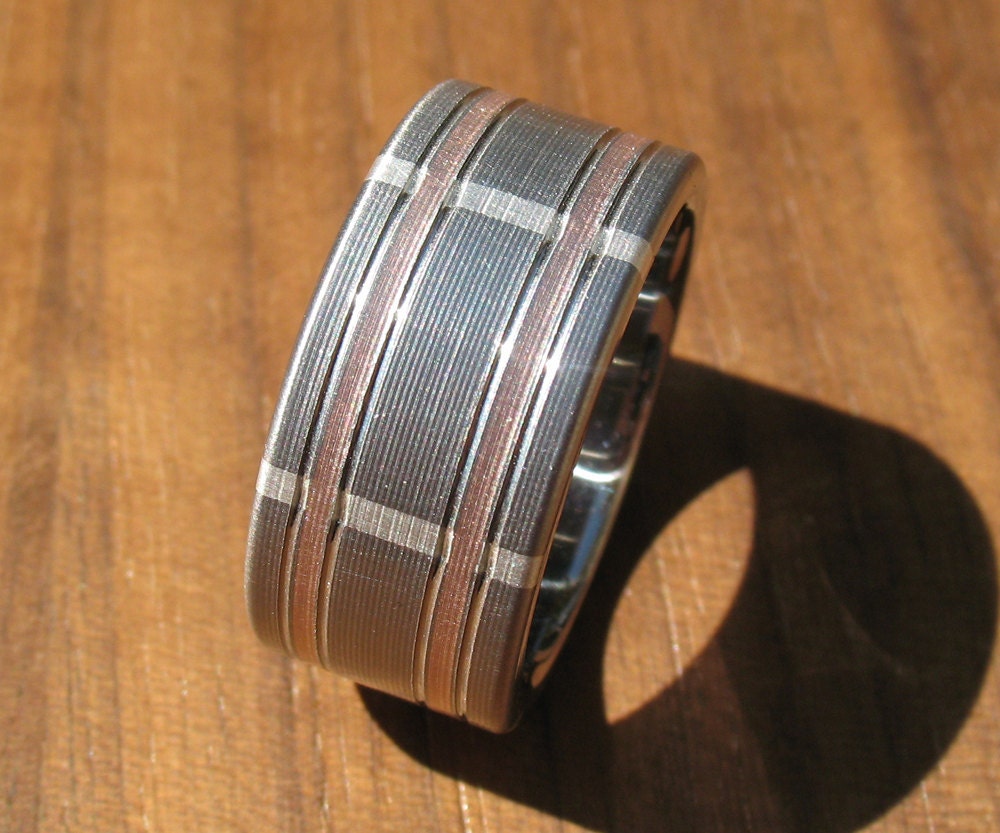 Plaid Titanium Rose Gold & Silver Wedding Ring