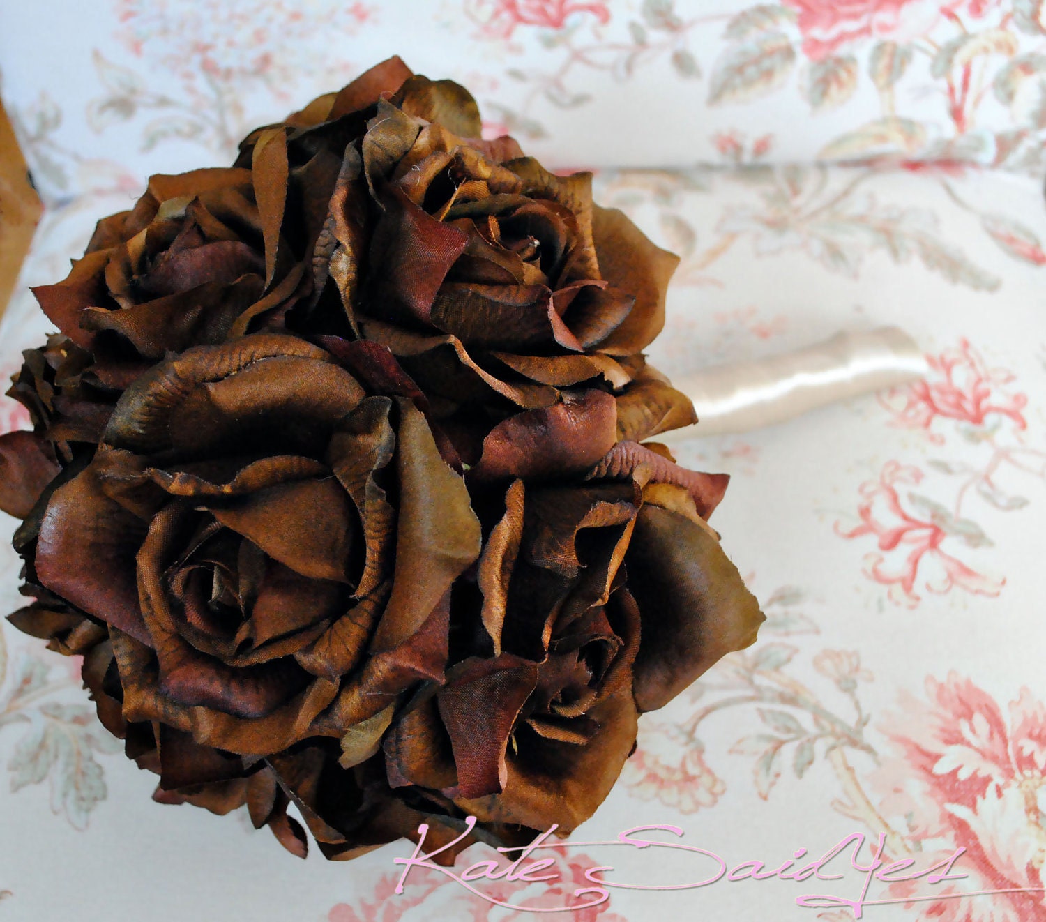 Silk Wedding Bouquet - Chocolate Brown Rose and Champagne Silk Wedding Bouquet