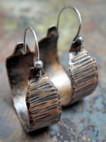 Copper Hoops, Distressed Wood, with Sterling Silver earwires, ThePurpleLilyDesigns