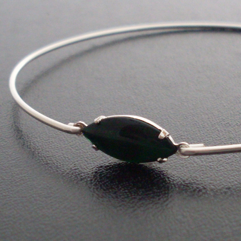 Bangle Bracelet Klara - Silver, Dark Green Stone
