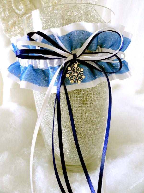 Snow White Satin-Blue-Silver Snowflakes Garter