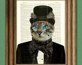 Dr. Barnabas Claw Victorian CAT gentleman with top hat bow tie scarf and nose glasses upcycled dictionary page book art print doctor