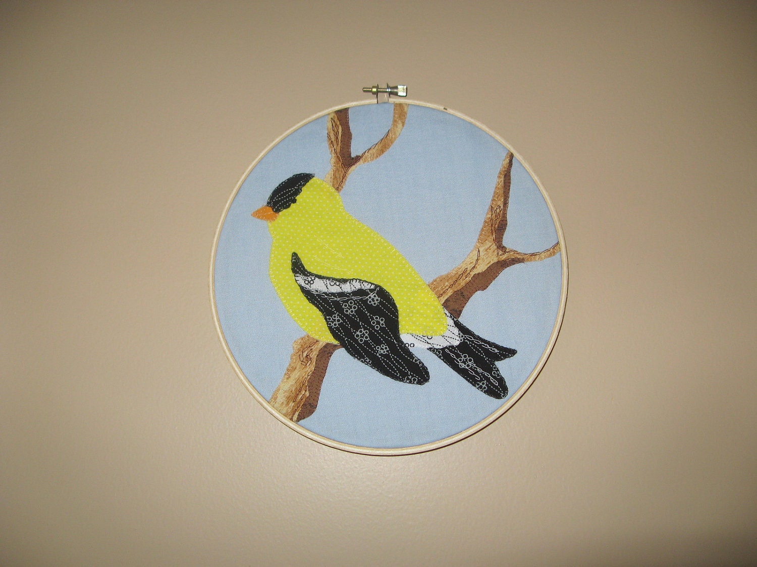 Bird Embroidery Hoop Goldfinch Art Applique Yellow Black 8 Inch
