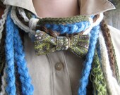 Fringe Scarf Bowtie Funky Knit Crochet Brown Teal Blue Olive Green