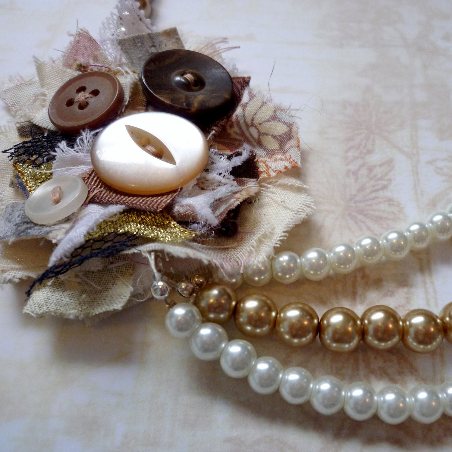 3-strand Gold and Cream Faux-Pearl "Nest" Necklace, Hand-Sewn using Vintage Buttons and Material