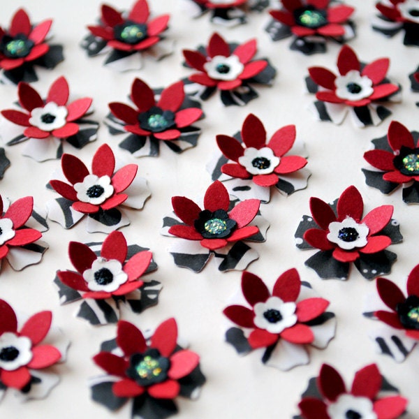 25 Handmade Paper FLOWERS - BLACK & RED Formal Mix - photomamaregina
