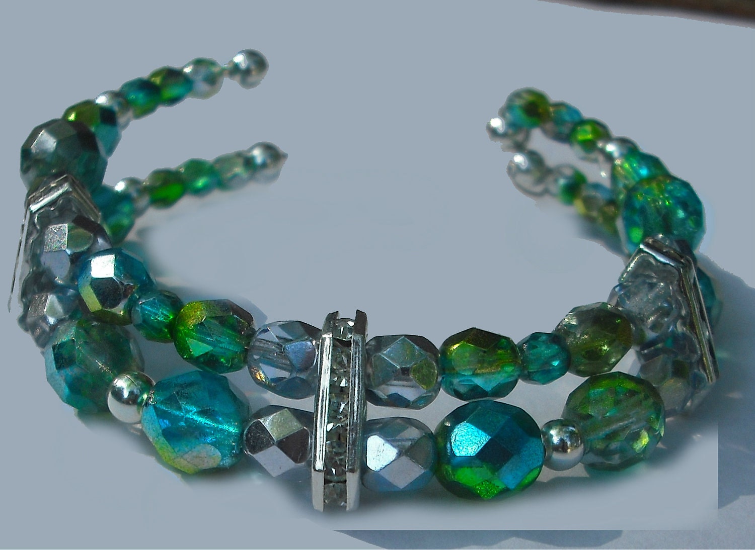 Green and Silver Czech Crystal Memory Wire Cuff Bracelet