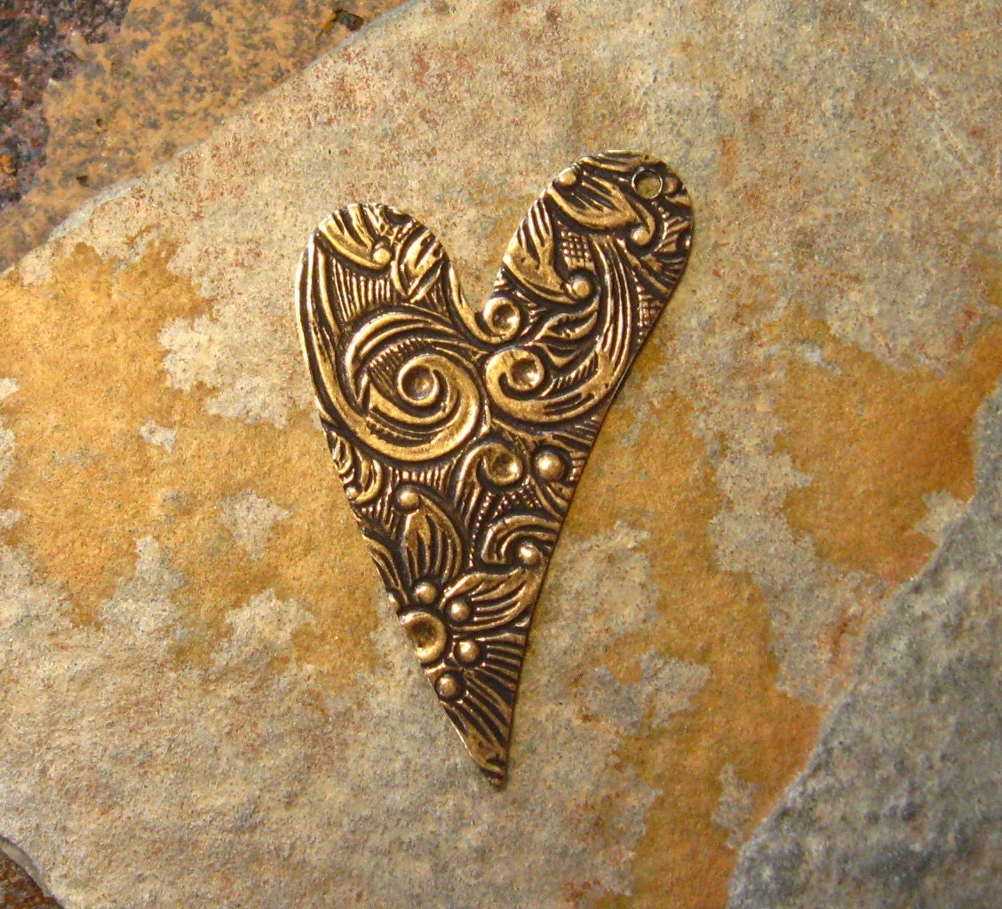 2 Antique Gold Floral Engraved Heart Drop Right Facing -  Trinity Brass Co. LOW SHIPPING