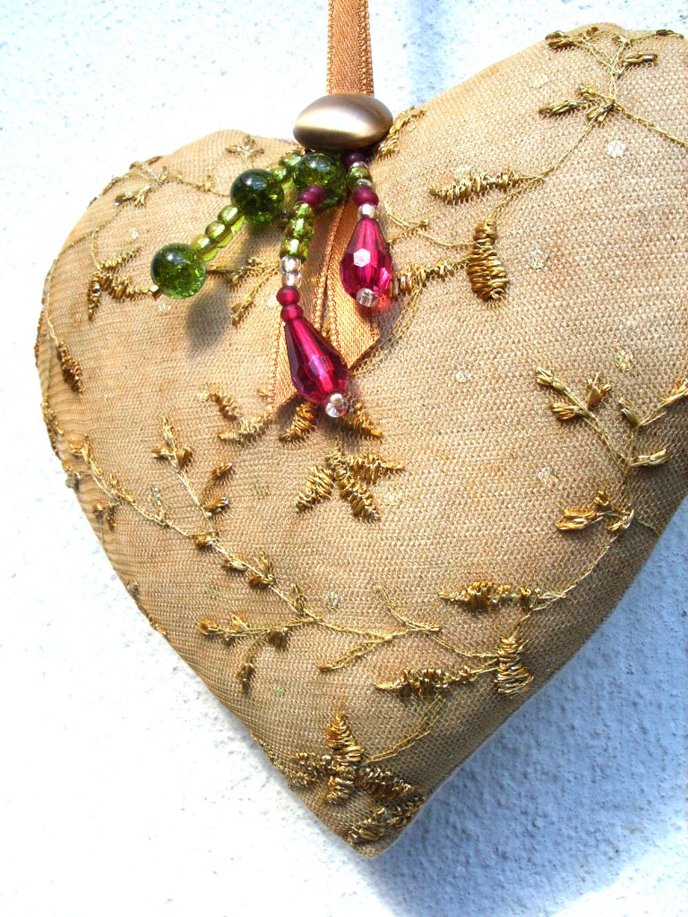 Heart Hanging Ornament. Oppulent Gold & Linen With Ribbon.