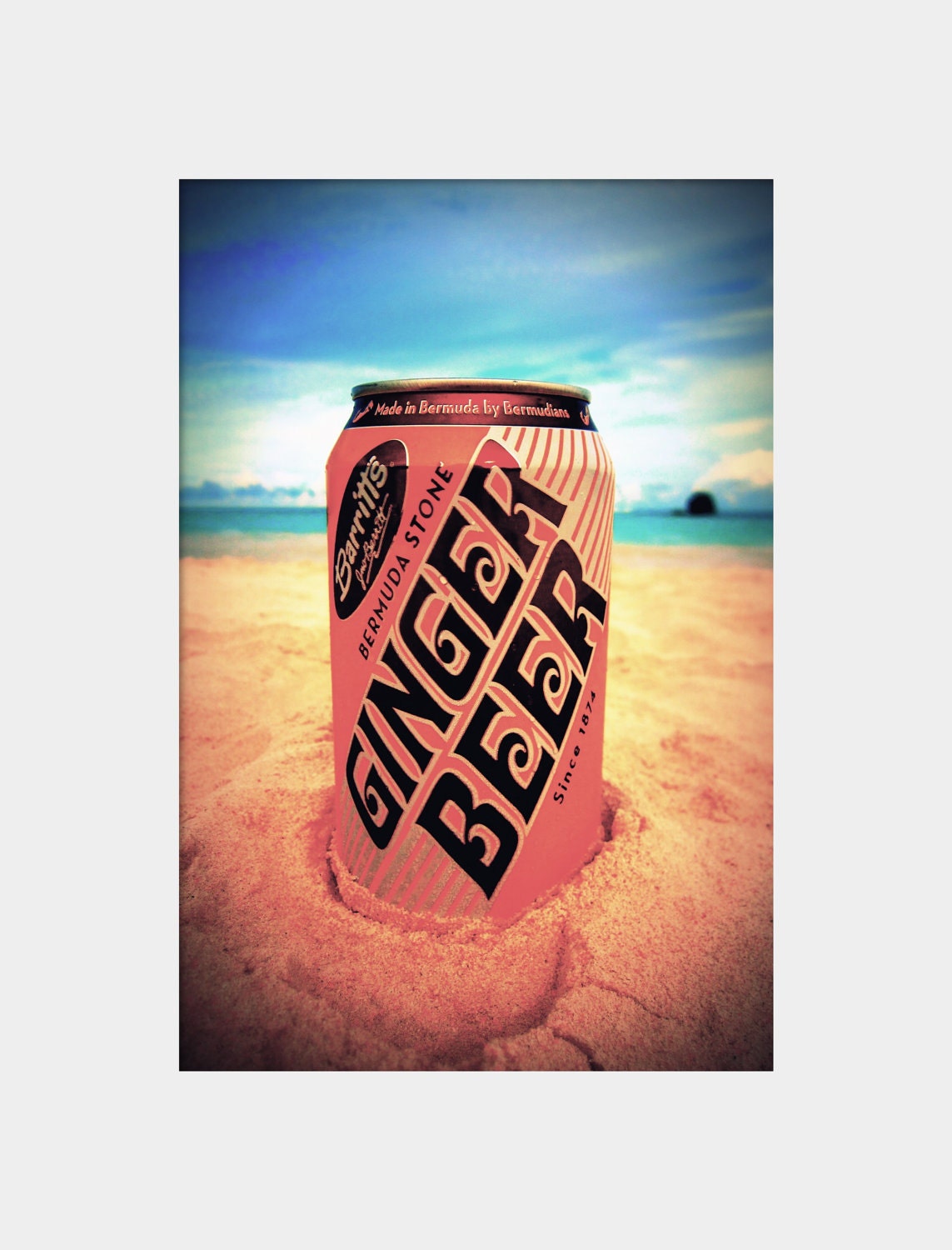 Ginger Beer: a whimsical fine art photograph print of a can of soda in the sand at the beach in Bermuda