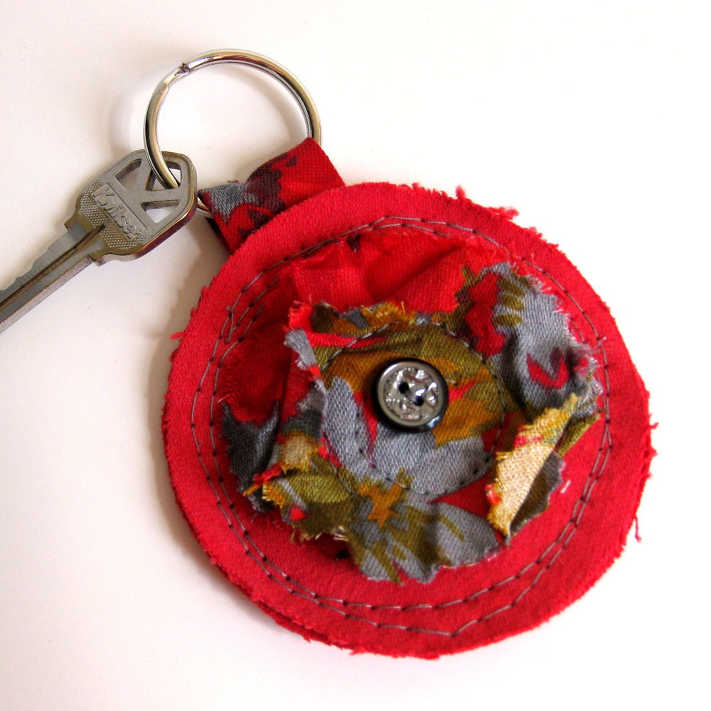 FLORAL KEYCHAIN recycled denim with vintage red floral by Lynn Minney Designs