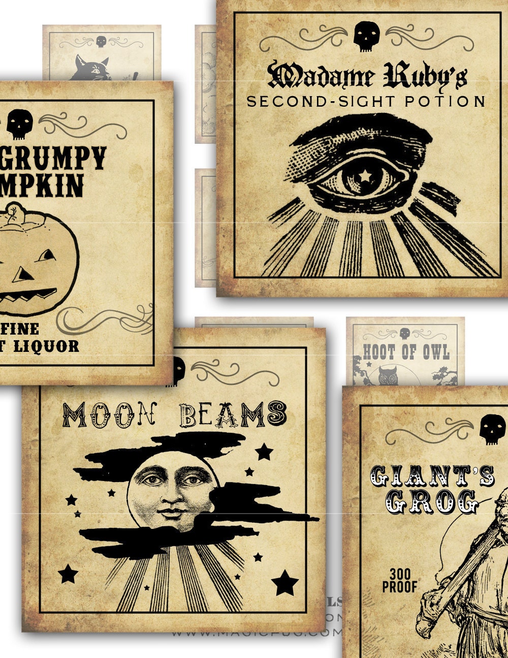 Antique Halloween Potion Labels I 2x2 inch digital collage sheet inchies 50mm square witch owl poison mushroom black cat pumpkin witches