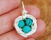 Silver. Turquoise. Bird. Nest. Wire. Wrapped. Pendant.