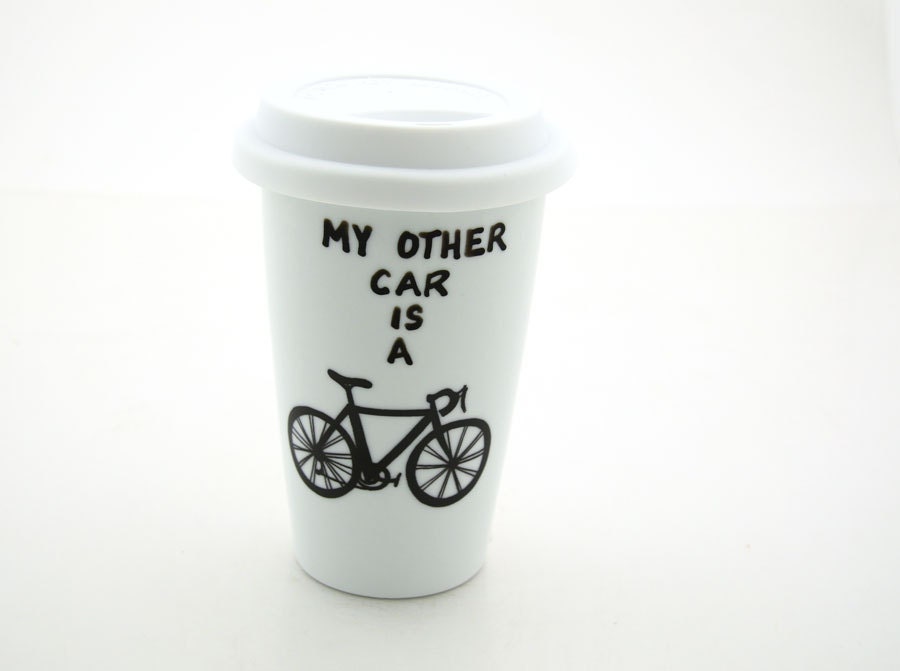 White Bike Eco Friendly Travel Mug Double Walled Porcelain with Lid Kiln Fired
