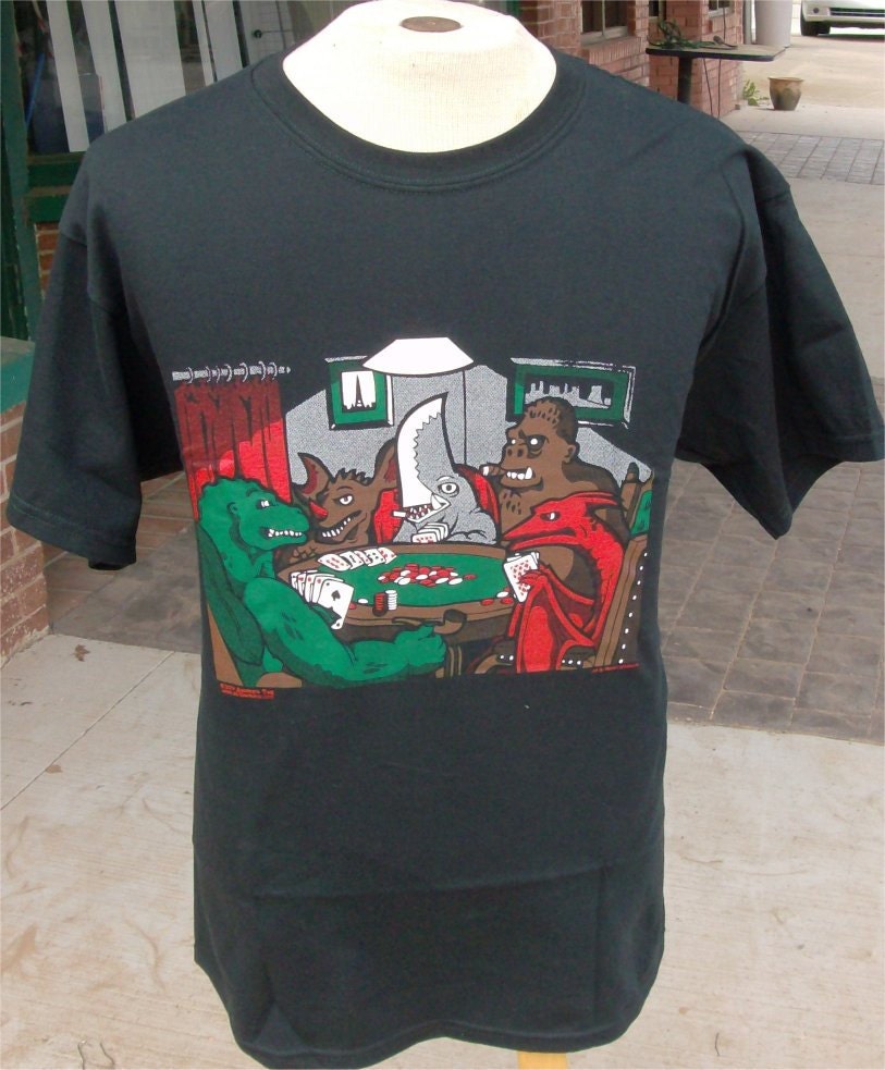 Kaiju playing poker -- hand-printed t-shirt -- Giant monsters playing poker