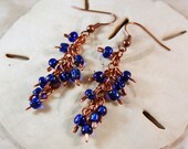 Earrings, Hand Formed Copper Wire Jump Rings, Blue Glass Beads