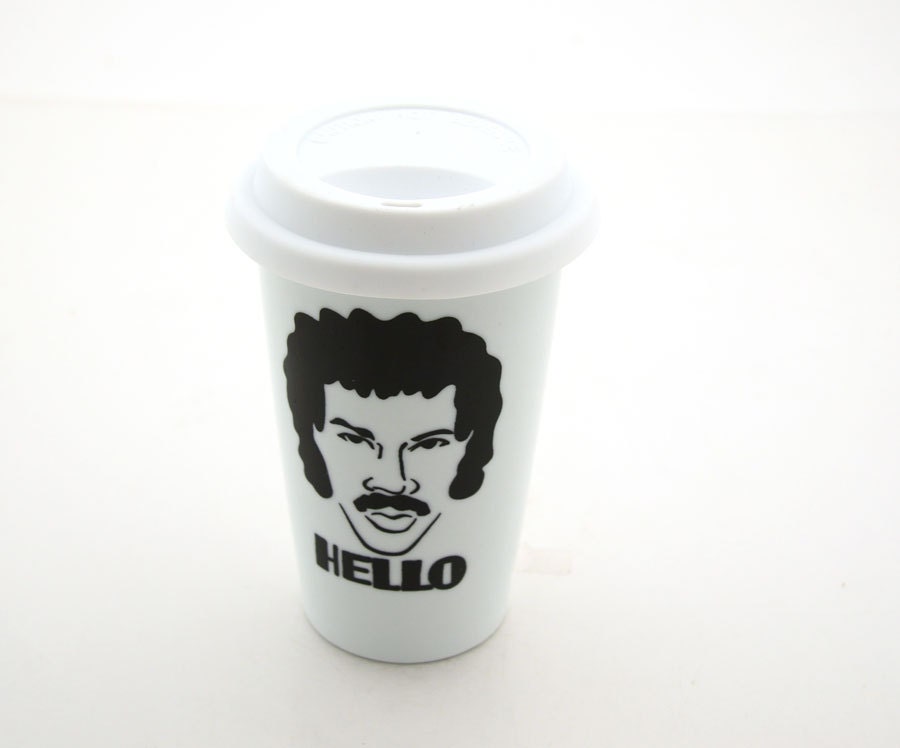 Lionel Richie Hello Travel Mug Double Walled Porcelain with Lid Kiln Fired