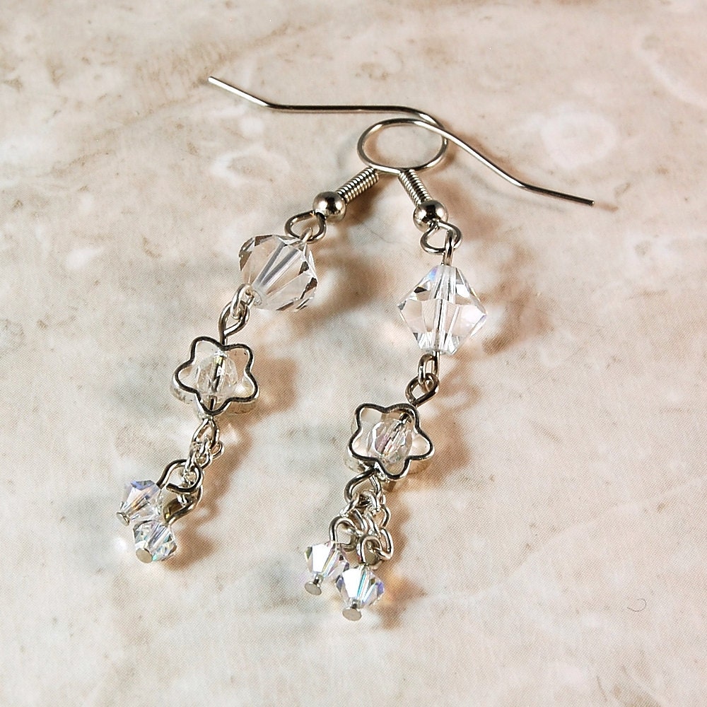 Earrings, Clear Glass Crystals Aurora Borealis, Star Bead