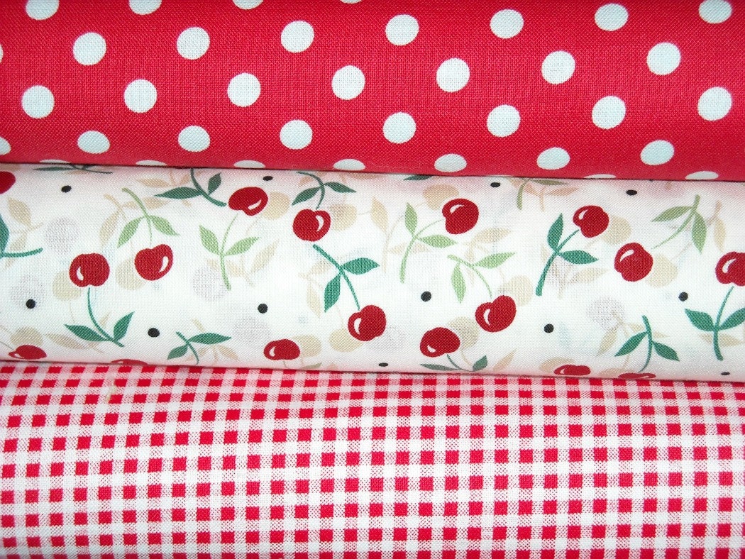 Save on 3 Yard Fabric Bundle in Red and White with Dots, Checks and Happy Days Cherries  So Retro