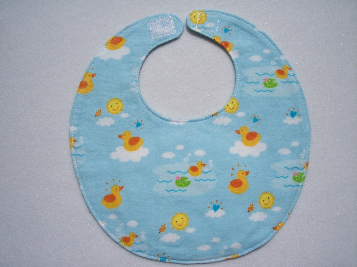 Baby Bib, four soft layers, reversible, blue with yellow duckies