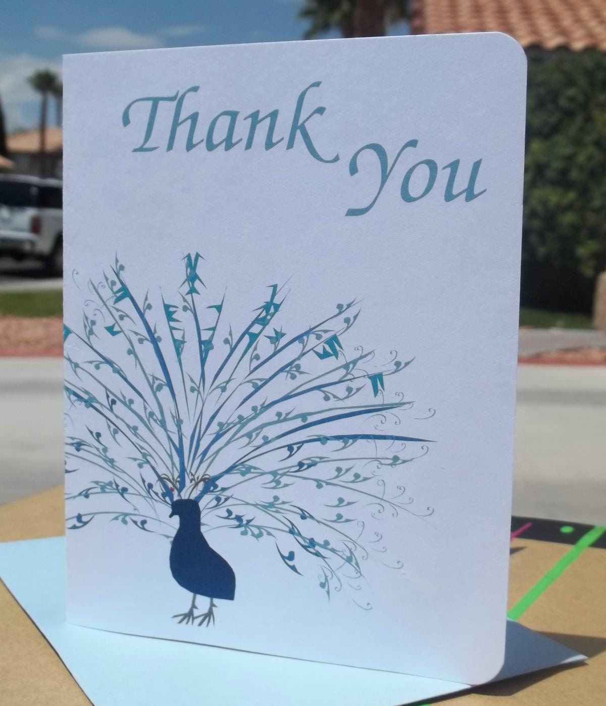 Blue Peacock Thank you Card - Set of 10 notecards w/ envelopes