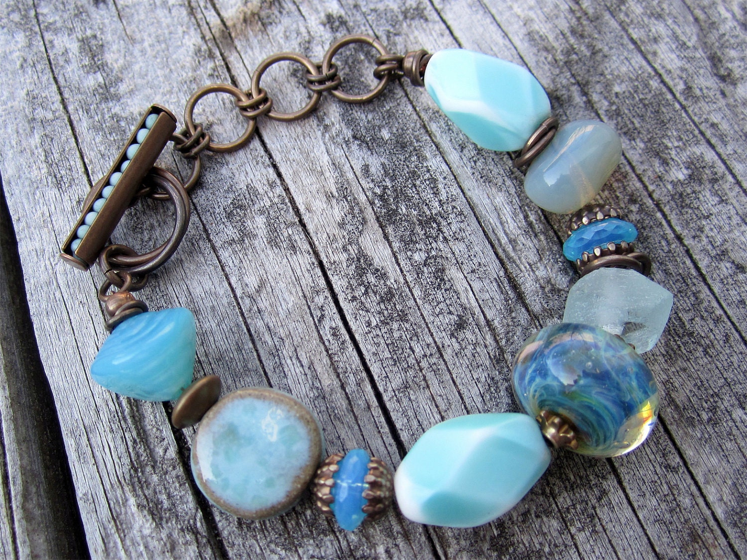 Seashore Inspired Bracelet - Vintaj Natural Brass, Artisan Beads, Boro and Vintage Glass
