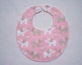 Baby Bibs, four soft layers, reversible, pink with gray and white elephants
