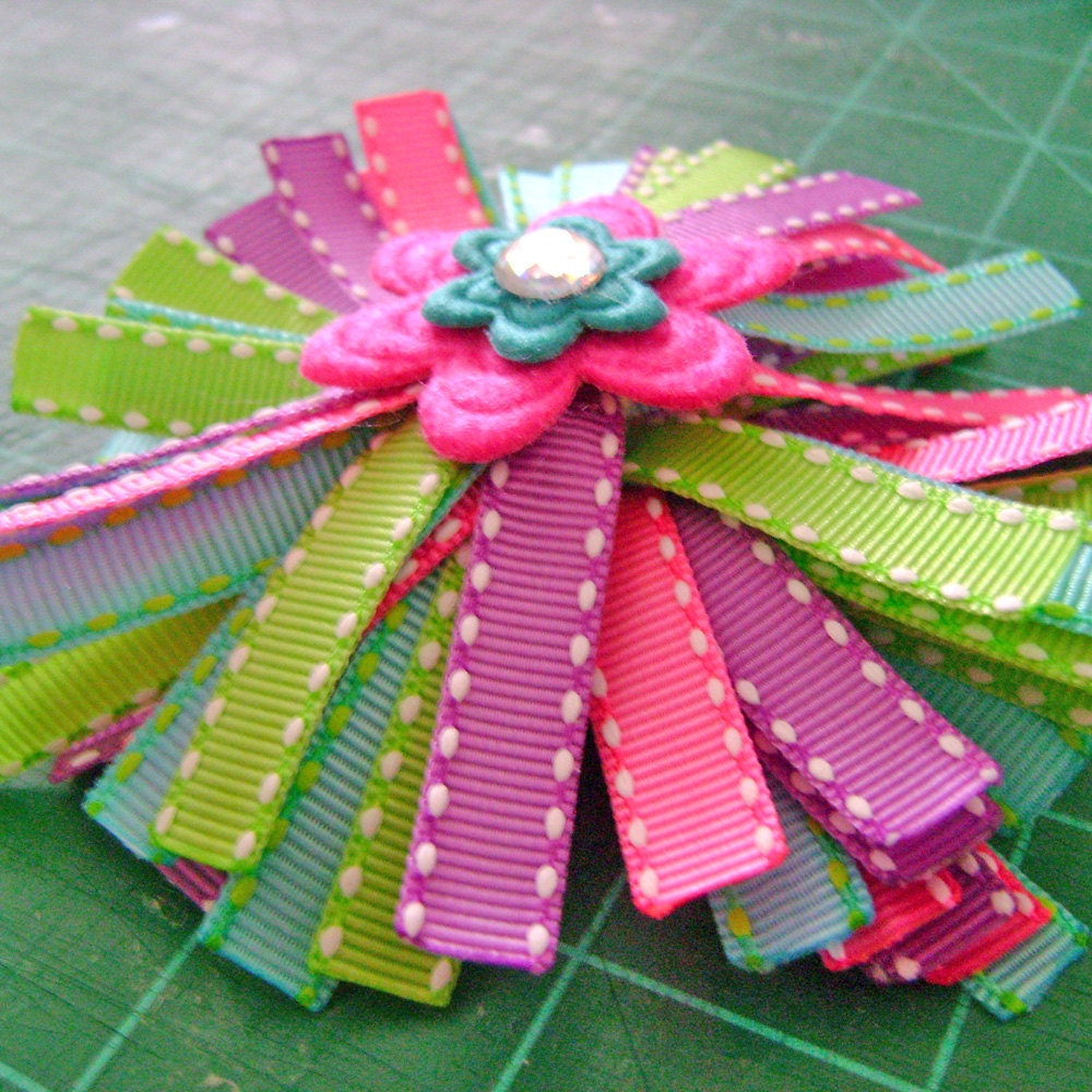 Rainbow Spiky Bow with Felt Flower and Bling Center