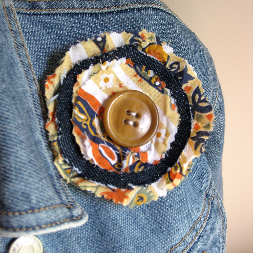 FABRIC HAIR CLIP recycled denim pin earthy vintage print by Lynn Minney Designs