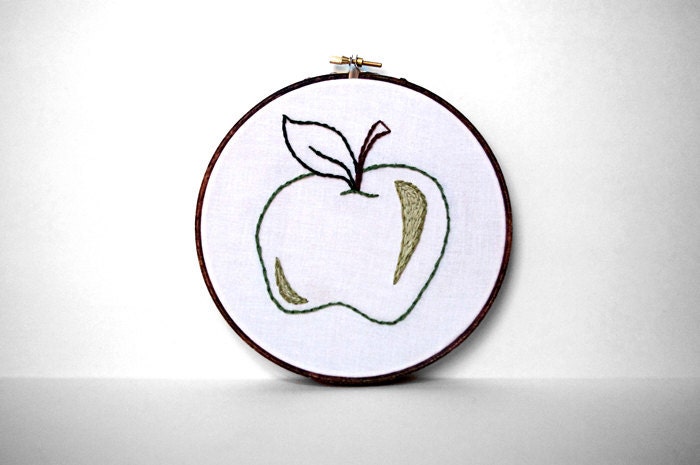 Embroidered Green Apple with Brown Stem and Hunter Green Leaf - 6 inch Hoop Art - Perfect Gift for School Teacher