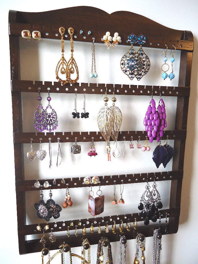 Jewelry Organizer,  Earring Organizer, Necklace Holder with 7 Pegs, 90 Plus Pairs, Cocoa, Wall Mount, Boutique Quality & Design, 6/9