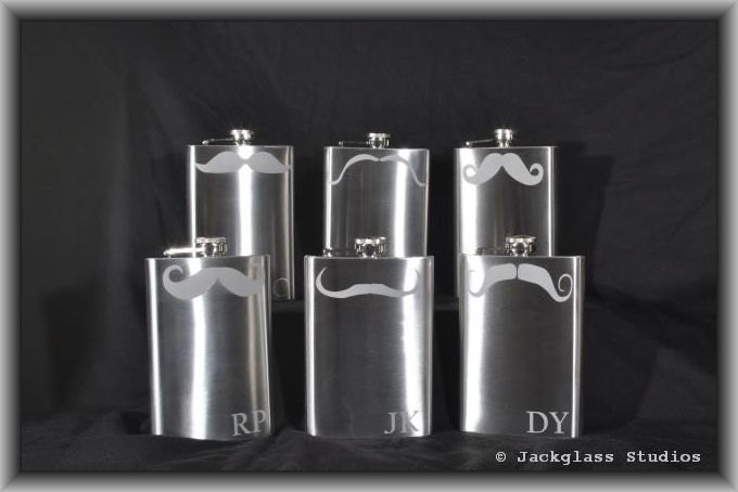 Set of 6 Etched Mustache Flasks with Funnel by Jackglass on Etsy
