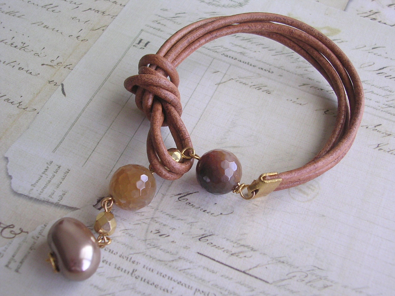 Leather Lariat Bracelet, Knotted with Agate Gemstone Sale