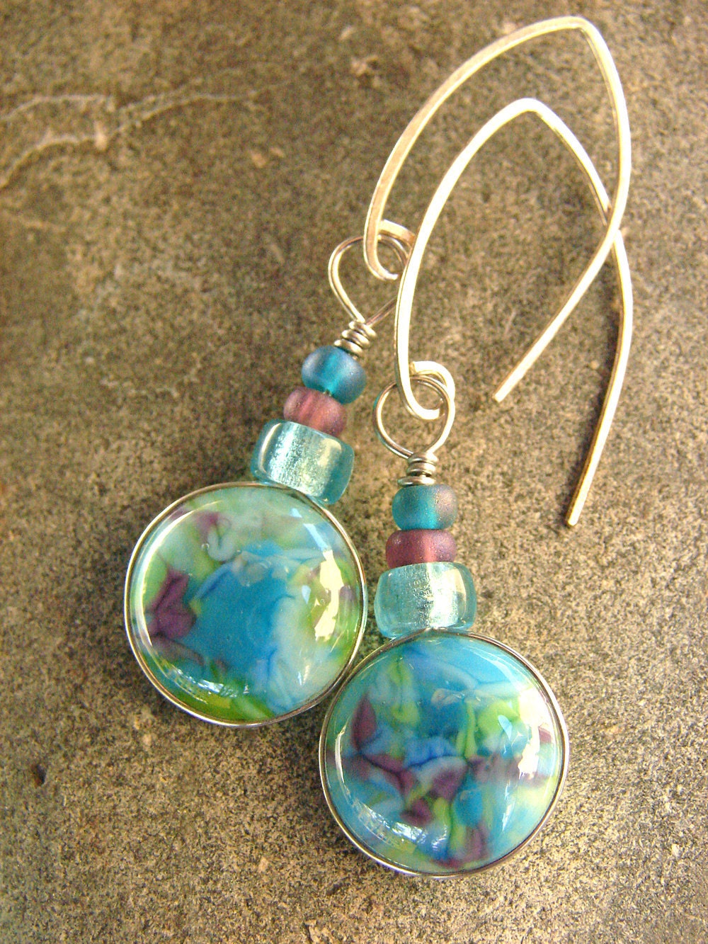Fused glass dangle earrings - shades of green blue and purple on sterling ear wires