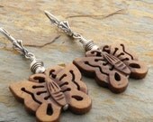 Brown Earrings, Butterflies, Carved Wood, Sterling Silver, Hill Tribe Silver
